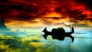 Man boat lake red sky - arthur pan free wallpaper
