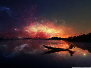 Man boat lake sunset stars - a man in a boat free wallpaper
