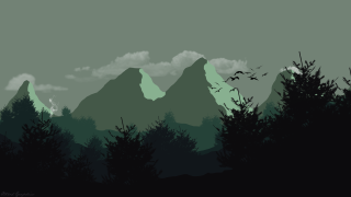 Mountain range birds flying trees - a painting of a mountain range free wallpaper