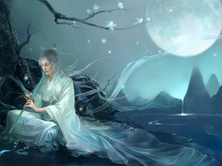 Woman sitting rock water moon - arthur pan free wallpaper