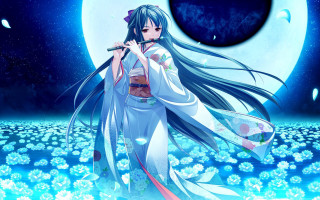 Woman fullmoon flute anime fantasy - a full moon behind her free wallpaper