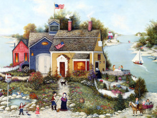 House flag people boat water - edward lamson henry free wallpaper