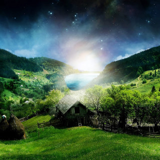Cabin green field lake mountain - a green field free wallpaper for tablet