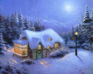 Snowy cottage street light full - kinkade free wallpaper
