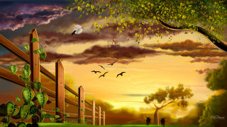 Sunset fence tree birds walking - a painting of a sunset free wallpaper