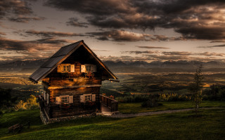 Cabin field mountains sunset cloudy - german romanticism free wallpaper