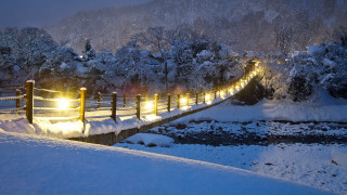 Snowy path lights mountain night - beautiful scenery free wallpaper