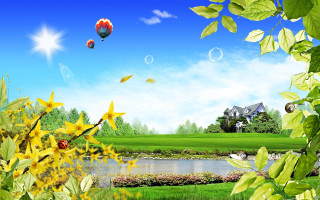 House pond hot air balloon 4 - a house in the background free wallpaper