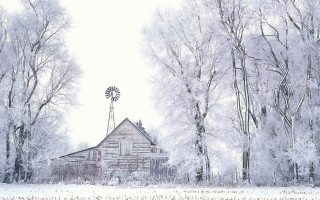 Barn snowy field windmill trees 2 - a.b. frost free wallpaper