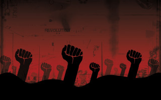 Fist raising group red background - llustration free wallpaper for desktop