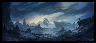 Man standing cave giant monster - a fantasy scene free wallpaper