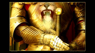 Golden lion statue mouth open - a gold frame free wallpaper