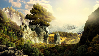 Mountain landscape trees sunbeam sky - a painting of a mountain landscape free wallpaper for desktop