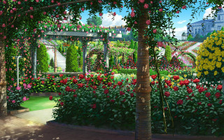 Garden flowers bench building background - a painting of a garden free wallpaper