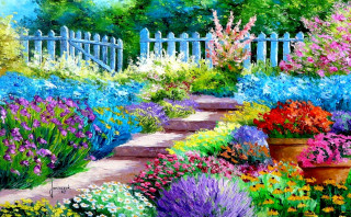 Garden flowers path white picket - a painting of a garden free wallpaper