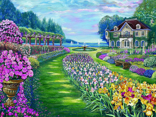 Garden flowers house fountain painting - a painting of a garden free wallpaper
