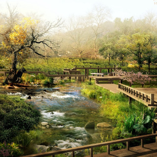 River park benches trees bridge - free spring wallpaper for tablet