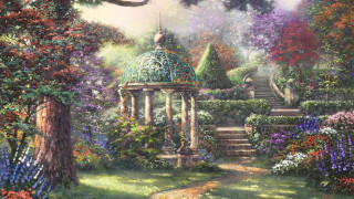 Garden gazebo steps painting middle - kinkade free wallpaper