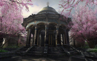 Gazebo pink trees park steps - classical realism free wallpaper