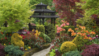 Garden gazebo flowers trees path 3 - a garden free wallpaper