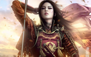 Woman armor sword flag sky - a woman in armor holding free wallpaper