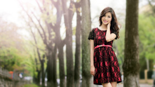 Woman red dress park trees 2 - chen lin free wallpaper