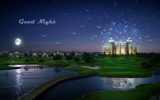 Night golf course river fireworks - a city in the distance free wallpaper
