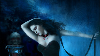 Woman dark dress red necklace - a lamp free wallpaper
