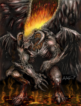 Demonic creature burning head wings - dark fantasy art free wallpaper for mobile