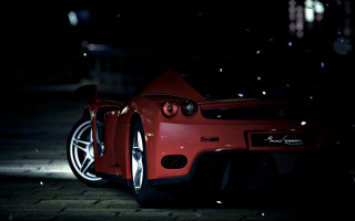 Red sports car night snow 2 - photorealistic lighting free wallpaper for desktop