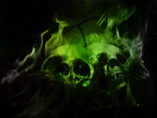 Skulls green smoke black background - a green light in the middle free wallpaper
