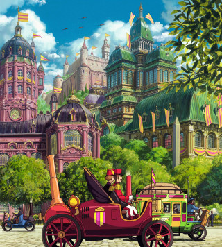 Cartoon man driving car castle - free fantasy wallpaper for tablet
