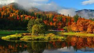 Lake trees mountain clouds house - beautiful scenery free wallpaper