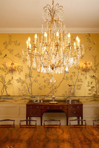 Chandelier wooden table wallpapered room - gaudy free wallpaper for mobile