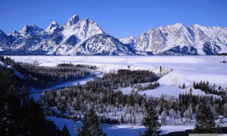 Snowy landscape mountains trees river 2 - a snowy landscape free wallpaper for desktop