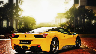 Yellow sports car wet street 2 - a yellow sports car free wallpaper