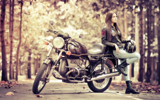 Woman motorcycle woods leaves leather - a leather jacket free wallpaper