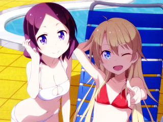 Women bikinis pool chair relaxing - a chair in front free wallpaper