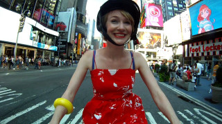 Woman red dress helmet biking - a street free wallpaper