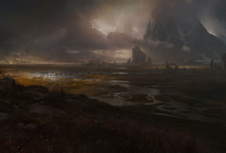 Mountain lake clouds painting scenery - a painting of a mountain free wallpaper