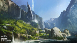 Mountain landscape waterfall sky painting - a painting of a mountain landscape free wallpaper