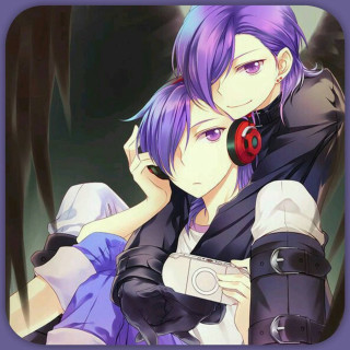 Anime couple hugging headphones camera - one holding free wallpaper for tablet