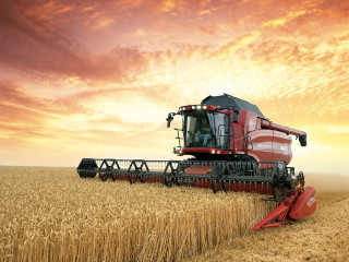 Red combine harvesting wheat cloudy 2 - heavy grain free wallpaper