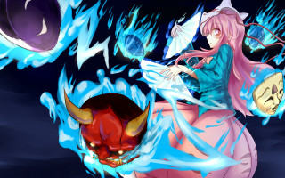 Woman sitting demon head blue - autodestructive art free wallpaper