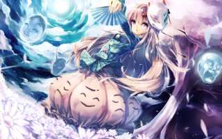 Girl sitting pumpkin field flowers - above her free wallpaper