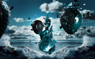 Blue guitar floating sky background 2 - behance hd free wallpaper