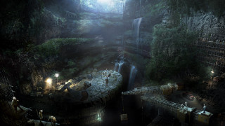 Dark cave waterfall man platform - a dark cave free wallpaper