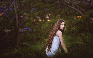 Woman long hair sitting field - a field of grass and trees free wallpaper