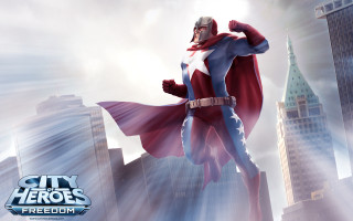 Superhero man cityscape cape skyscraper - a city skyline in the background free wallpaper for desktop