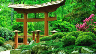 Japanese garden wooden gate rocks - cloisonnism free wallpaper